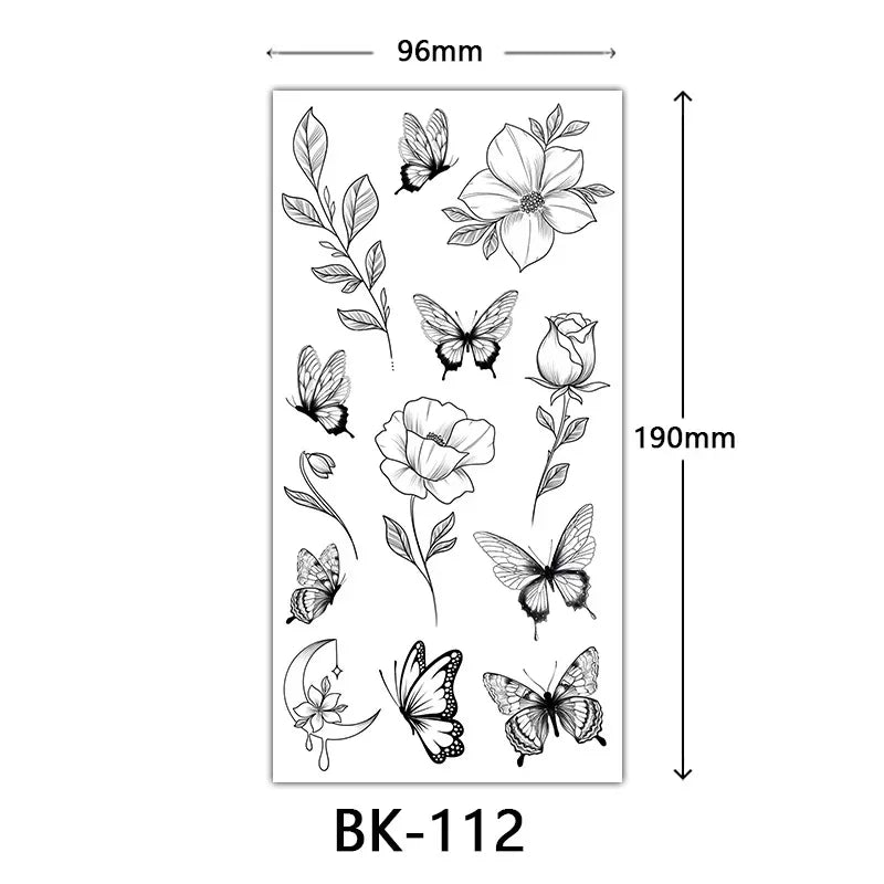 Rose Blossom Tattoo Temporary Waterproof Butterfly Fake Tattoo for Woman Black Flower Sketch Tattoo Sticker