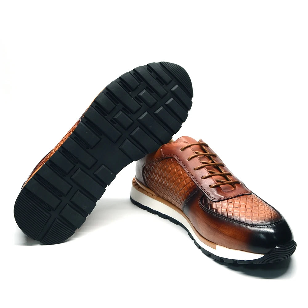 4 Colors Genuine Leather Man Luxury Sneakers Plaid Weave Pattern Lace-up Men Casual White Oxford Shoes Deals Spring Autumn 2024 - Sun Studio