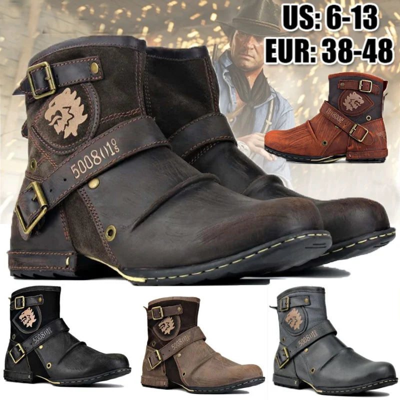 Men's Ankle Boots High Quality Cowboy Boots Men Metal Buckle Side Zipper Motorcycle Boots Gothic Boots Retro Western Boots - Sun Studio
