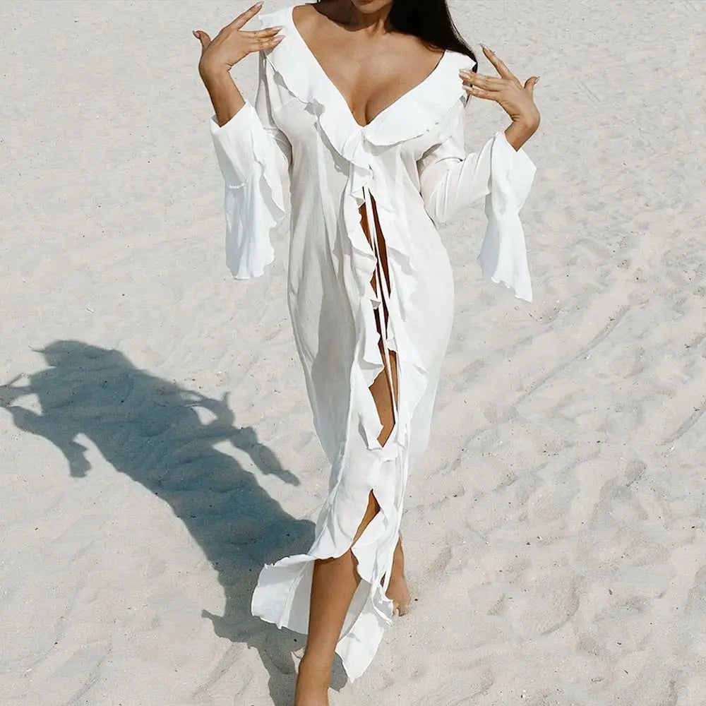 V Neck Summer Beach Cover Up Long Sleeve Ruffled Bikini Sunscreen Smock Vacation Casual Swimsuit Cover Up Dress for Women - Sun Studio