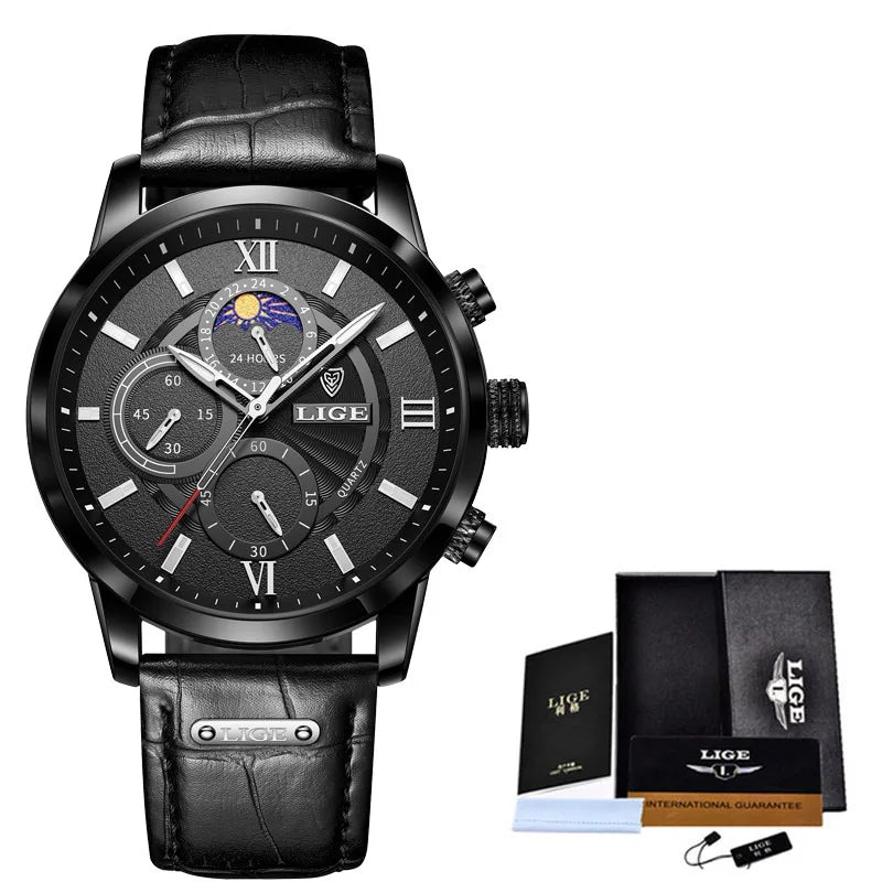 LIGE 2024 Brand New Men's Watches Leather Chronograph Waterproof Sports Automatic Date Quartz Watches for Men Relogio Masculino - Sun Studio