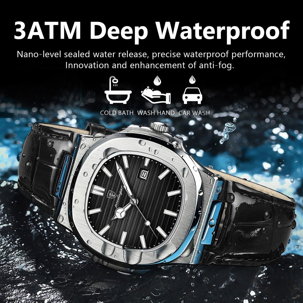 POEDAGAR Original Fashion Men's Wristwatch Date Waterproof Luminous Leather Watches For Men High Quality Square Quartz Man Watch - Sun Studio