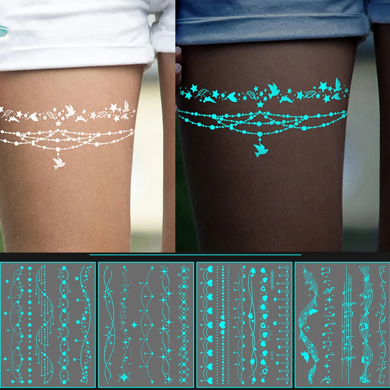 Blue Luminous-Love Heart Leg Tattoo Sticker, Celestial Star Neck Flase Tattoo, Winter Snowflake Polar Star Butterfly Bow Flower - Sun Studio