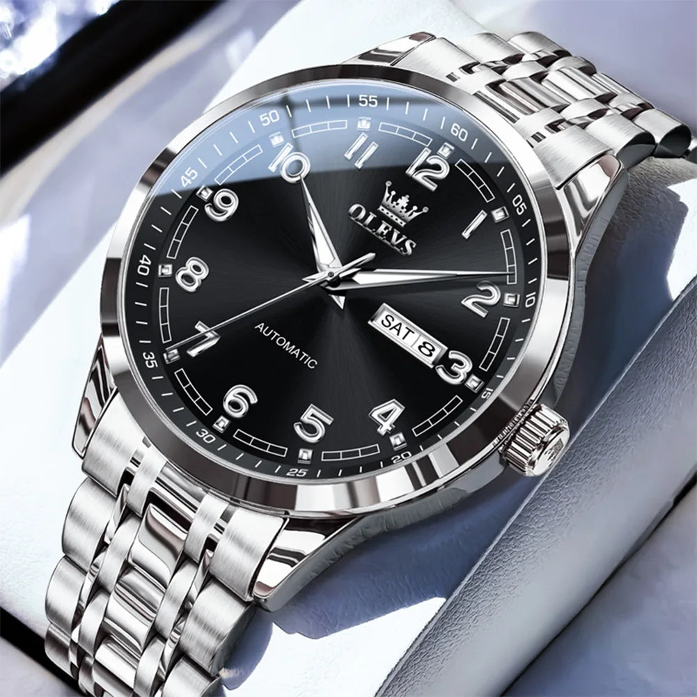 OLEVS Men Watches 7077 Luxury Fashion Top Brand Original Automatic Mechanical Watch for Man Double Scale Simple Trend Waterproof - Sun Studio