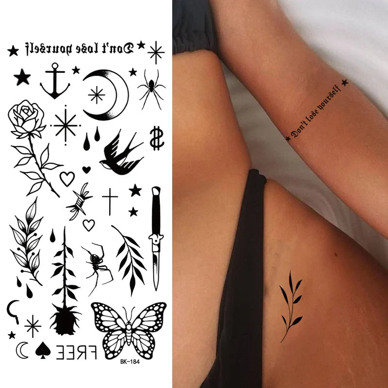 Black White Temporary Transfer Tattoos Floral Butterfly Lettering Line Art Waterproof Body Stickers for Music Festival Party