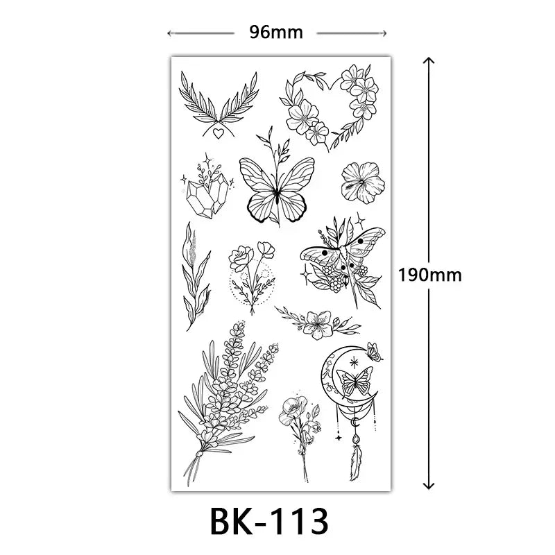 Rose Blossom Tattoo Temporary Waterproof Butterfly Fake Tattoo for Woman Black Flower Sketch Tattoo Sticker