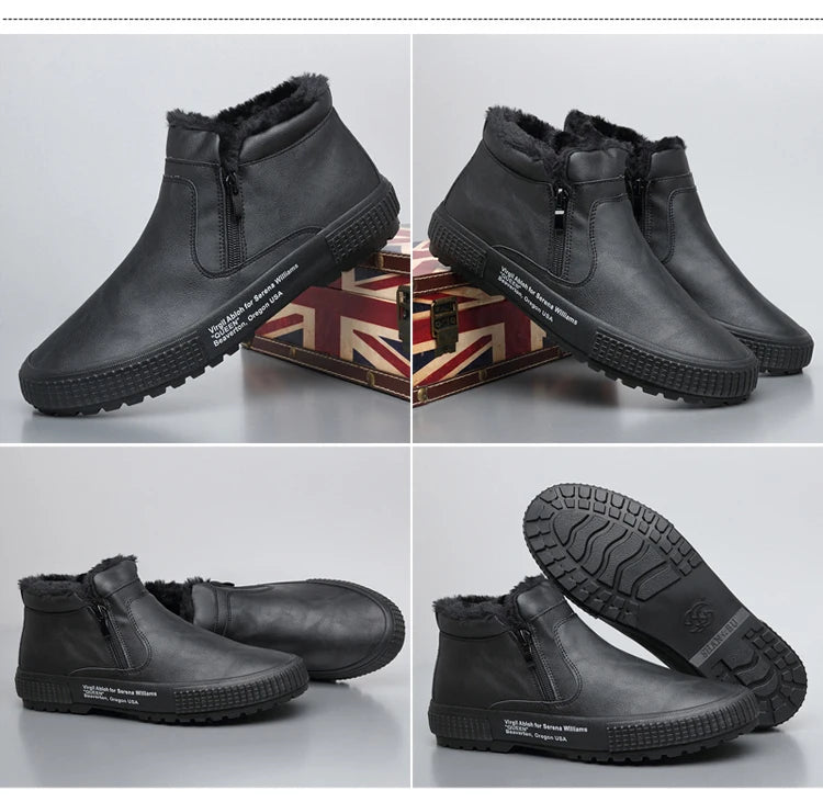 Man Winter Warm Leather Boots Warm Plush Inside High Tops Casual Shoes Slip on Keep Warm Thick Fur Men's Platform Ankle Boots - Sun Studio