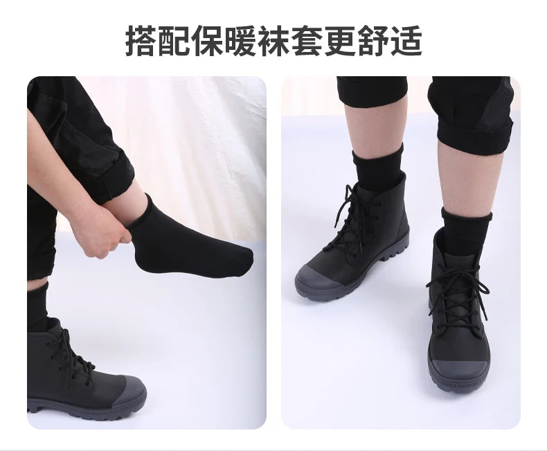 Winter Warm Rain Boots Men Fashion Lace-Up Motorcycle Outdoors Rain Boots Camping Fishing Shorts Shoes Waterproof Rain Women - Sun Studio