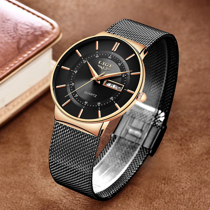 LIGE 2024 Montres de luxe pour hommes Étanche Ultra Mince Date Horloge Homme Bracelet en acier Montre à quartz décontractée Hommes Montre de sport Homme