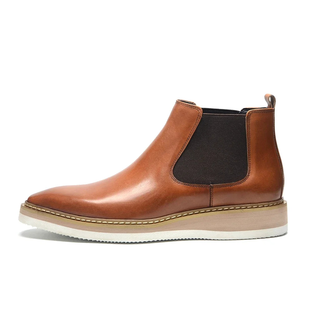 British Style Cow Genuine Leather Men's Chelsea Ankle Boots Slip-on Elastic Band High Top Sneakers Casual Dress Boot for Men - Sun Studio
