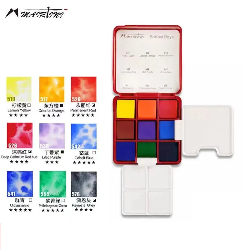 MAIRTINI Mini Travel Watercolor Set Solid Aquarell Paint 9 Colors Portable Palette Painting Tools with Brushes Art Supplies - Sun Studio