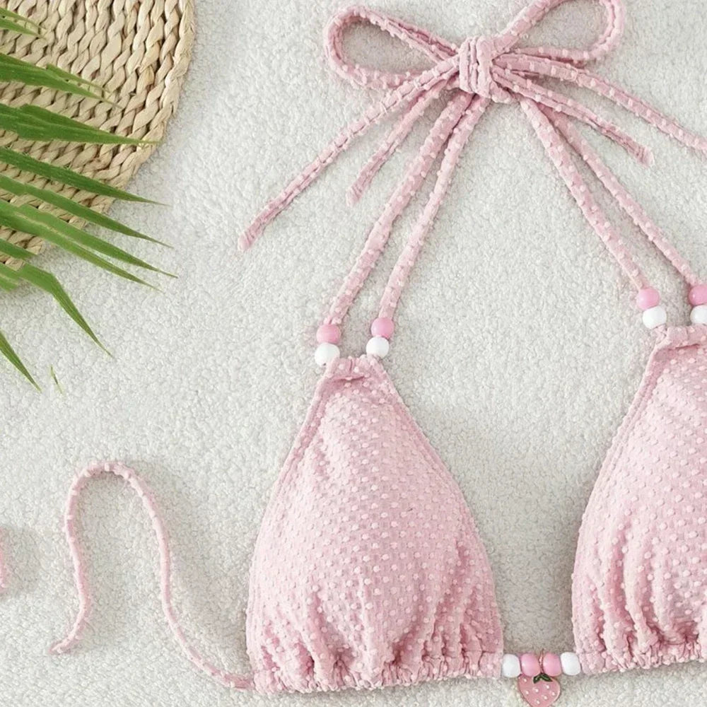 Sexy Pink Micro Thong Bikinis Sets Bead String Halter Swimwear Women Mini Swimsuit Bathing Suit Lace-up Biquinis Triangle Bikini - Sun Studio