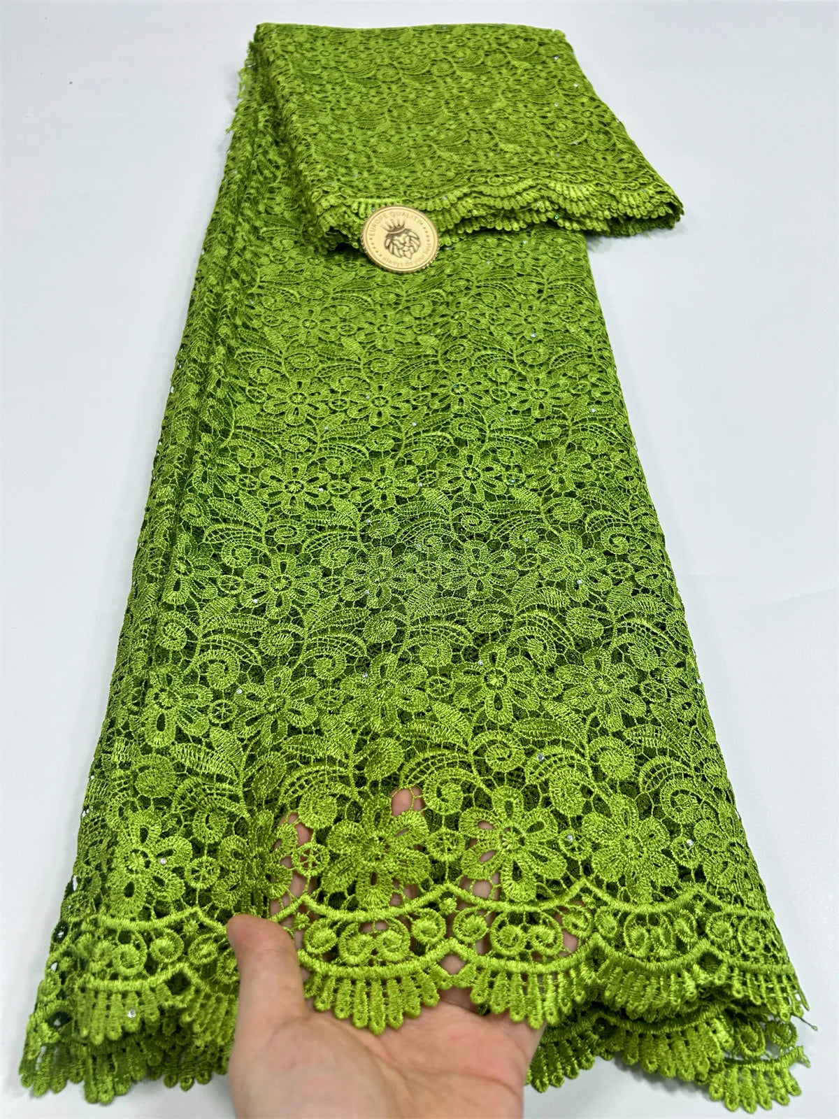 2024 Peach African Guipure Cord Lace Fabric with Stones Chemical Lace Fabric Water Soluble Lace For Women Evening Party Dresses - Sun Studio