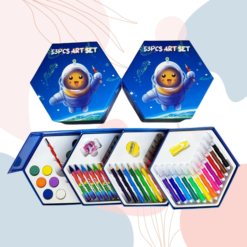 53pcs Multilayer Cartoon Art Pencil Set Kids Painting Set Hexagon Color Box Pencil Drawing Art Set - Sun Studio