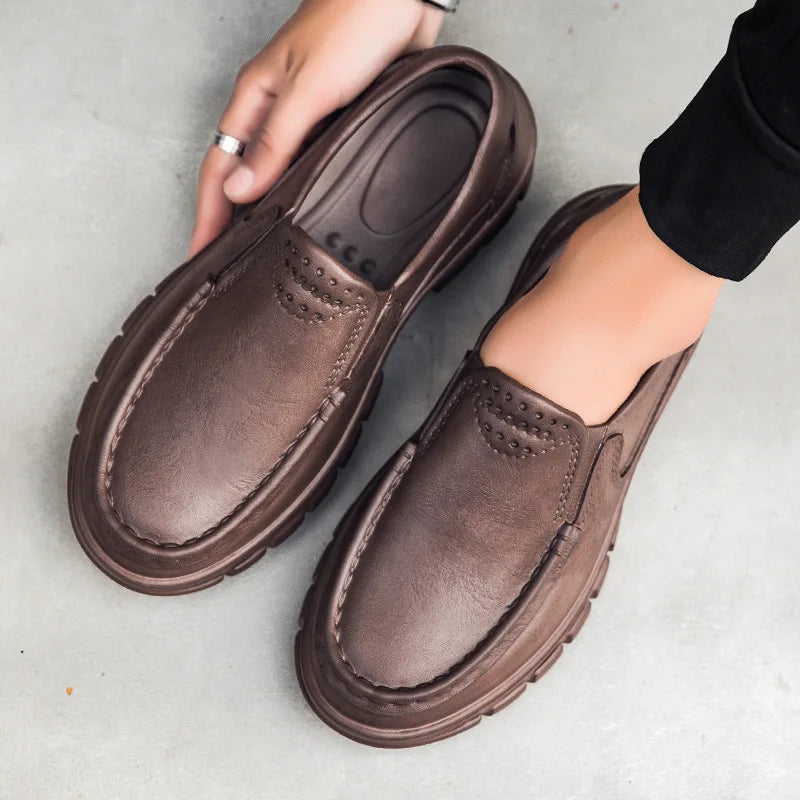 Fashion Leather Men's Casual Shoes Non-slip EVA Chef shoes Men Waterproof Loafers Comfort Soft soled Men Driving shoes Plus Size - Sun Studio