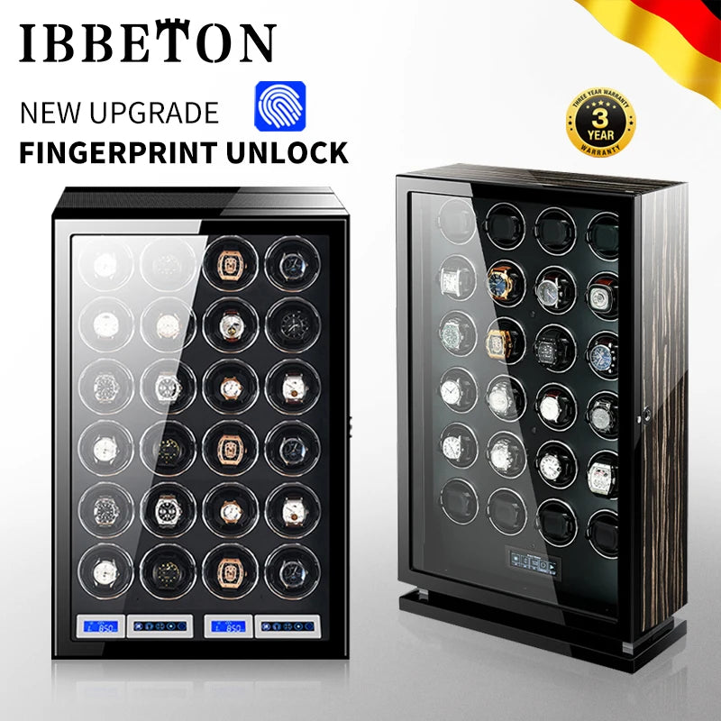 Luxury Automatic Watch Winder12 24 30 Slot Wood Mechanical Watch Box Fingerprint Unlock Quiet Mabuchi Motor Watches Storage Safe - Sun Studio