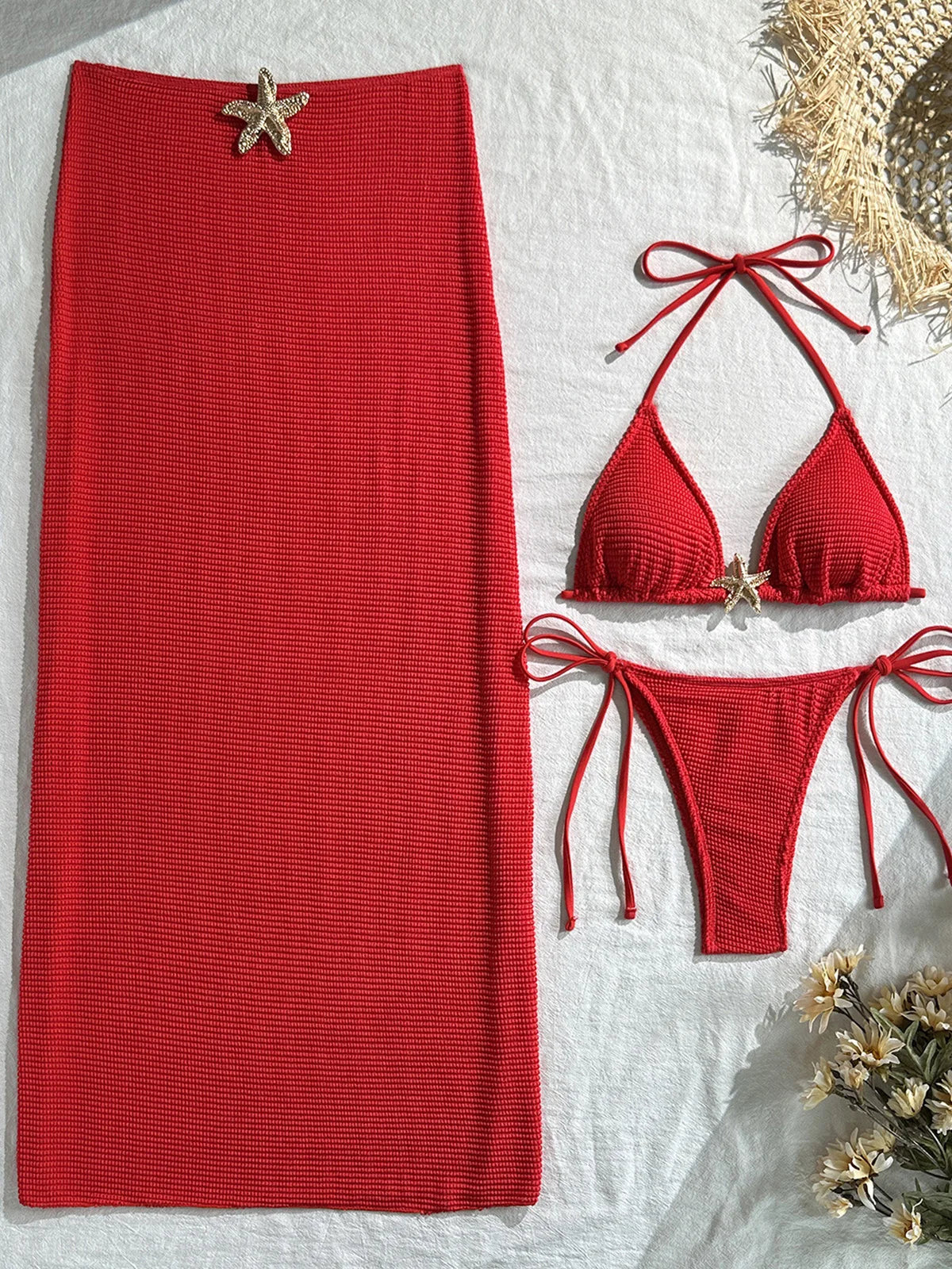 Metal Star Halter With Skirt Bikini Female Swimsuit Women Swimwear Three-pieces Bikini set Padded Bather Bathing Suit Swim V6740 - Sun Studio
