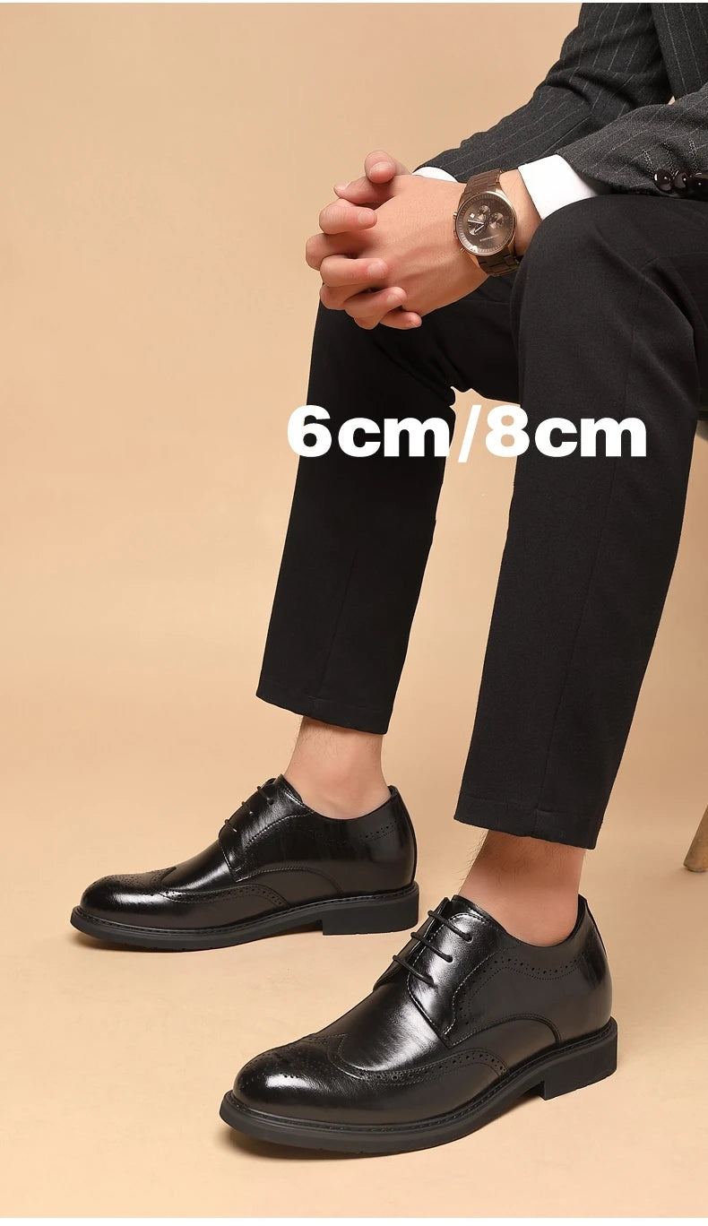 Men's Dress Brogues Elevator Shoes Platform Breathable Casual Business Luxury Genuine Leather Heightening Shoes 6 8CM Taller Man - Sun Studio