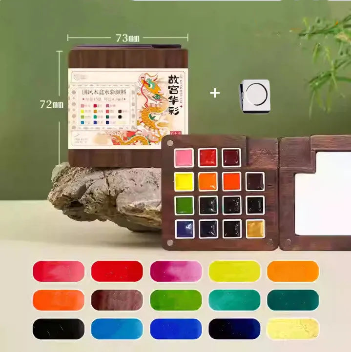 Portable Watercolor Set Walnut Paint Box With Palette 8/15 Colors Travel Mini Watercolor Paint Art School Supplies - Sun Studio