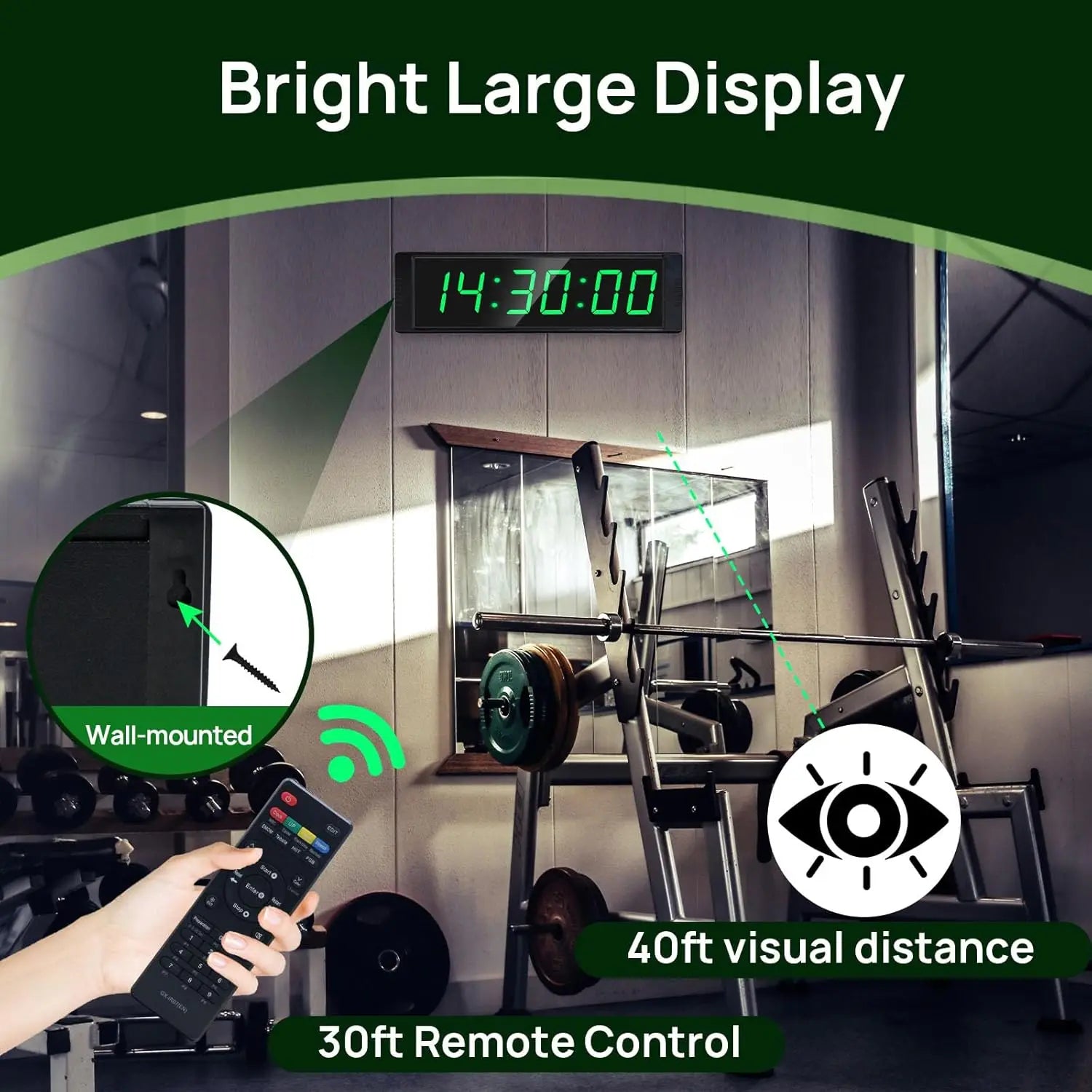 Gym with Start/Stop Button, Interval Timer for Workout, Stopwatch/Countdown Timer with Remote, 12/24H Digital Wall Clock - Sun Studio