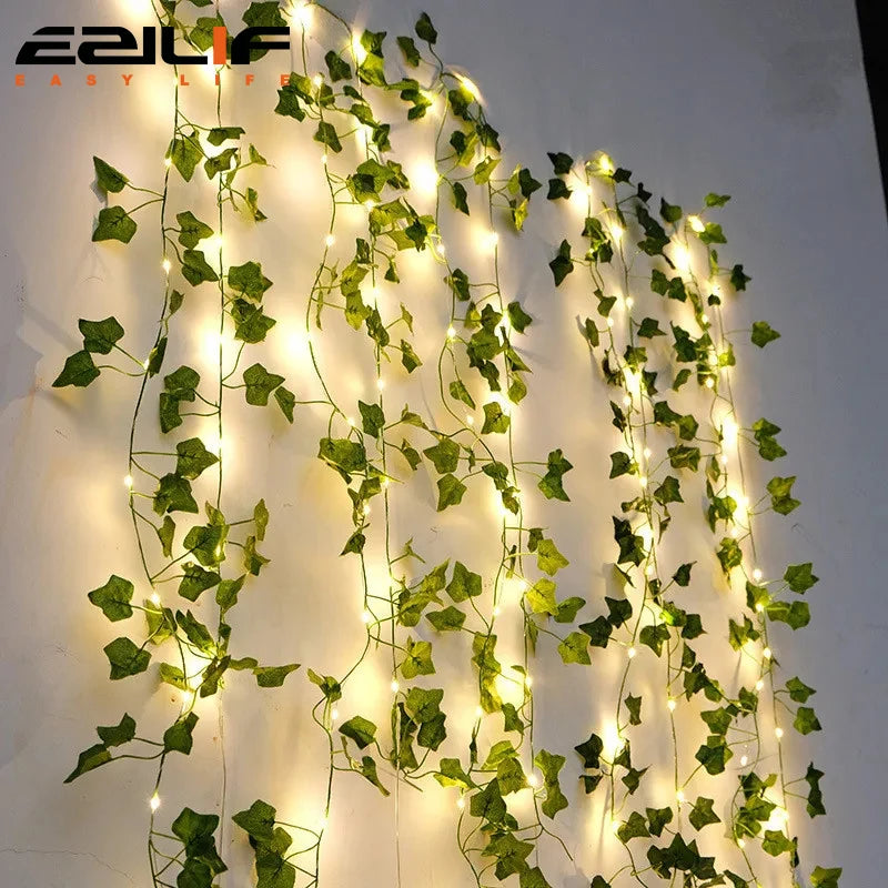 12/10/2m Fake Green Leaf Ivy Vine with LED Lights Home Bedroom Decor Wedding Glowing Artifical Plant Garland Home Decor - Sun Studio