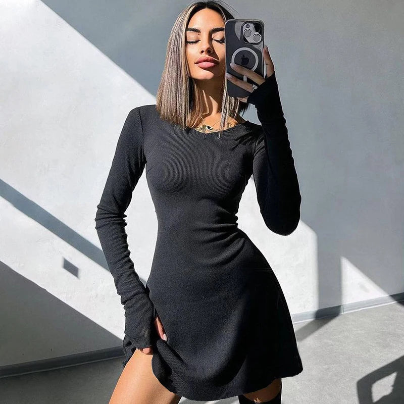 Elegant And Pretty Women Dresses Autumn Winter New Black Sexy Short Dress Female V Neck Long Sleeve Slim Solid Color Mini Dress - Sun Studio