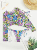 Flower Printed Long Sleeve Bikini Women Swimwear Female Swimsuit Three-pieces Bikini Set Micro Halter Bather Bathing Suit Swim - Sun Studio