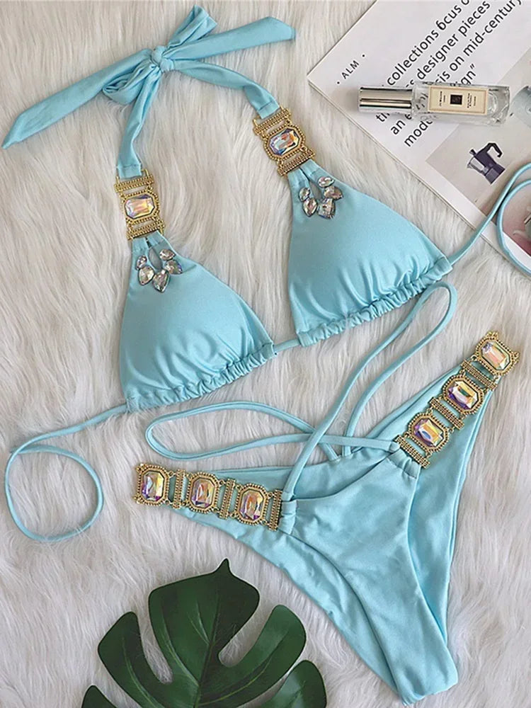 Halter Jewelled Diamond Bikini Women Swimsuit Female Triangle Swimwear Two piece Bikini set Brazilian Bather Bathing Suit Swim - Sun Studio
