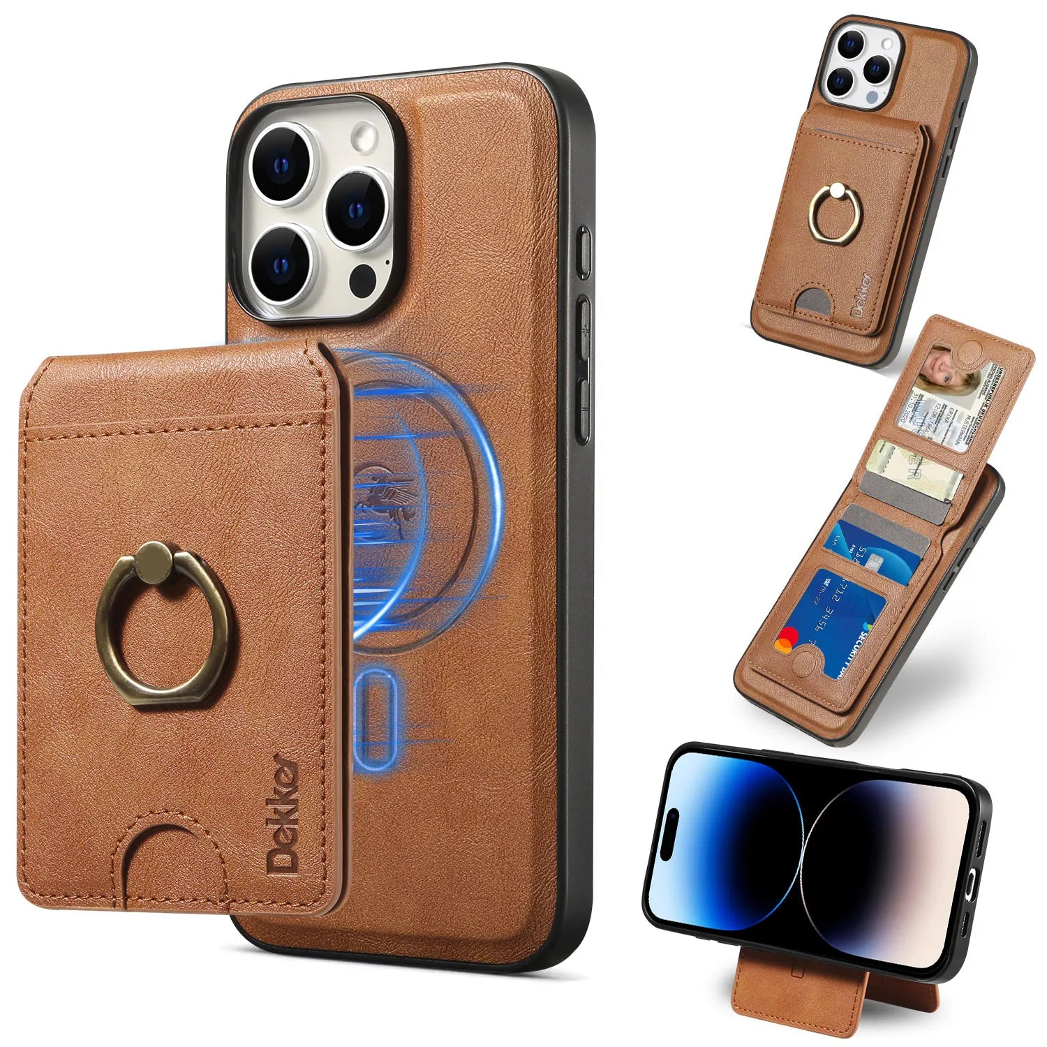 2 in 1 Detachable Vertical Cards Solt Ring Holder Wallet Leather Case For iPhone 16 Pro Max 15 Plus 14 13 12 Magnetic Bag Cover - Sun Studio