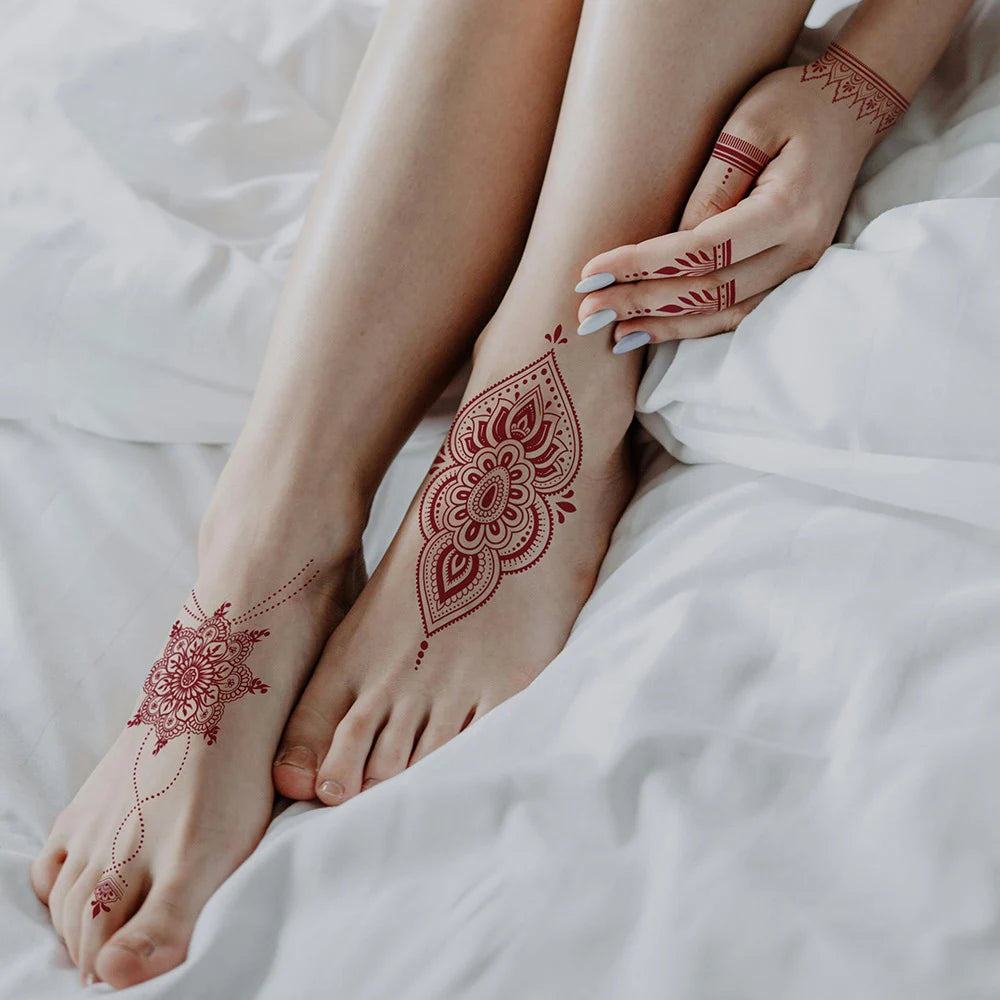 6 Sheets India Mehndi Design Brown Red Maroon Tattoo Stickers, Water Transfer Fake Henna Tattoos For Women Full Hand Tattoos - Sun Studio