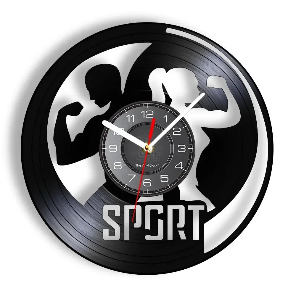 Fitness Equipment Theme Vinyl Record Fitness Wall Clock Home Decoration LED Backlight Modern Fitness Watch