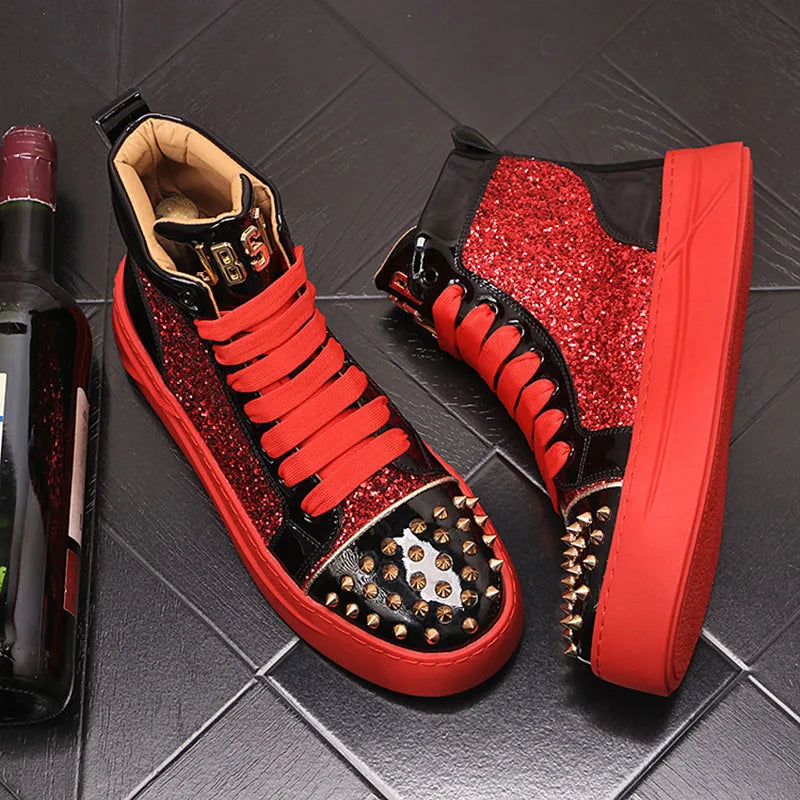 Winter High Tops For Men Rivet Sequin Everyday All Match Patent Leather Casual Shoes Male Flats Loafers Sports Walking Sneakers - Sun Studio