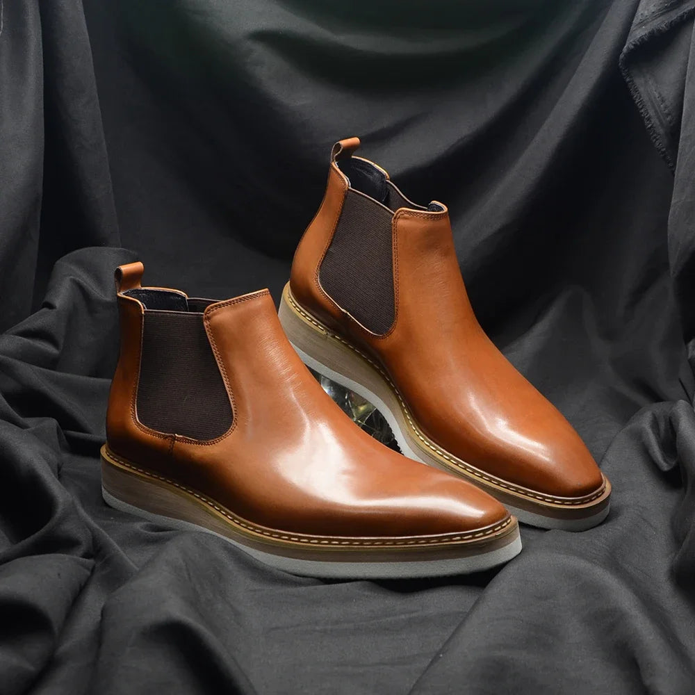 British Style Cow Genuine Leather Men's Chelsea Ankle Boots Slip-on Elastic Band High Top Sneakers Casual Dress Boot for Men - Sun Studio