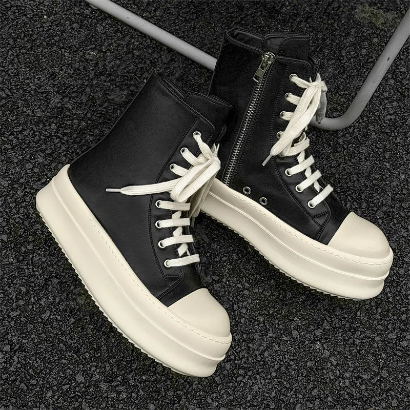 Cow split leather men leisure boots lace up black white shoes casual platform - Sun Studio