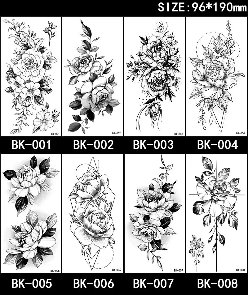 Rose Blossom Tattoo Temporary Waterproof Butterfly Fake Tattoo for Woman Black Flower Sketch Tattoo Sticker - Sun Studio