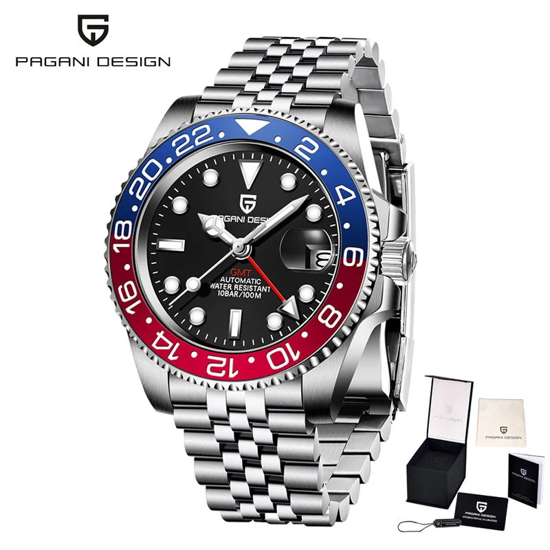 PAGANI DESIGN PD-1662 Luxury GMT Men Mechanical Wristwatch Sapphire Glass Stainless Steel 100M Waterproof Automatic Watches - Sun Studio
