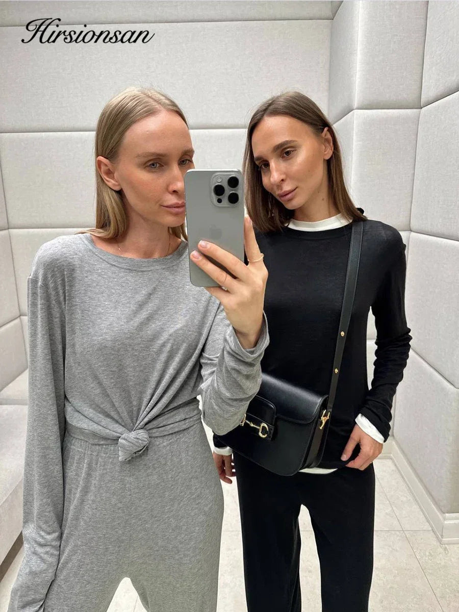 Hirsionsan Modal Soft Loose Sets Women 2026 Casual Two Pieces Long Sleeve T Shirts and High Waist Dresses Outfits Tracksuit - Sun Studio