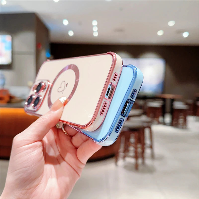 For iPhone 15 Pro Max Luxury Magsafe Magnetic Cute Plating Frame Phone Case For iPhone 11 12 13 14 15 16 Plus 17 Air Back Cover - Sun Studio