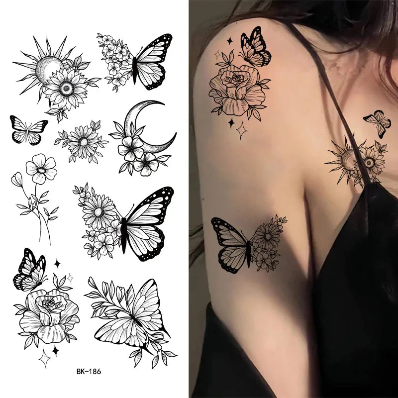 Black White Temporary Transfer Tattoos Floral Butterfly Lettering Line Art Waterproof Body Stickers for Music Festival Party