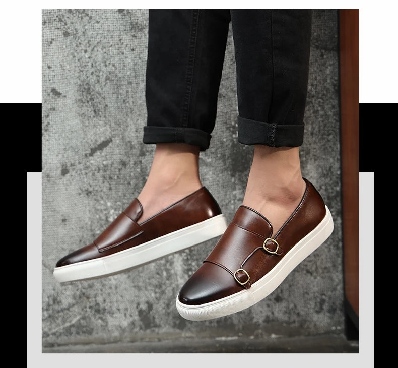 Fashion Man Casual Shoes Leather Men's Retro British Style Loafers Slip-on Outdoor Flats Double Monk Business Daily Shoe - Sun Studio
