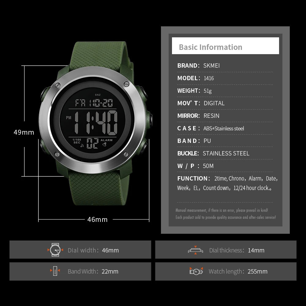 SKMEI Men Fashion Digital Watch Large Dial Alarm Clock Waterproof Watches Sport Outdoor Sports Men's Electronic Watch - Sun Studio