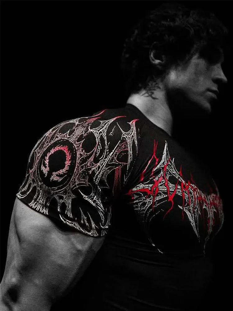 GYM T-shirt Men's Dark Gothic Print Muscle Tee  High Elasticity And Quick Drying Exercise For Bodybuilding Training 2026 Summer - Sun Studio