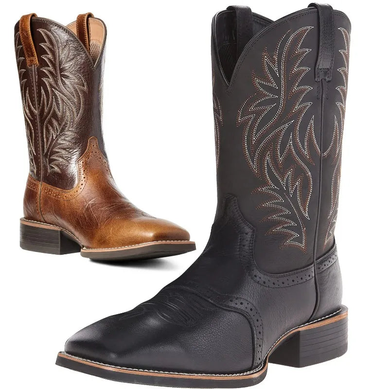Men High Boots Embroidery Retro Handmade Mens Boots Western Cowboy Boot Pointed Toe Boots Hand Stitching Outdoor Men's Shoes - Sun Studio