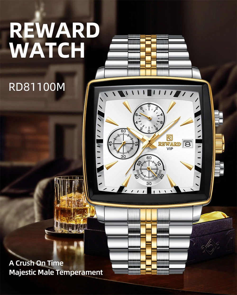 REWARD Fashion Square Dial Watch for Men Stainless Steel Waterproof Quartz Chronograph Mens Watches Luxury Sport Male Clock - Sun Studio