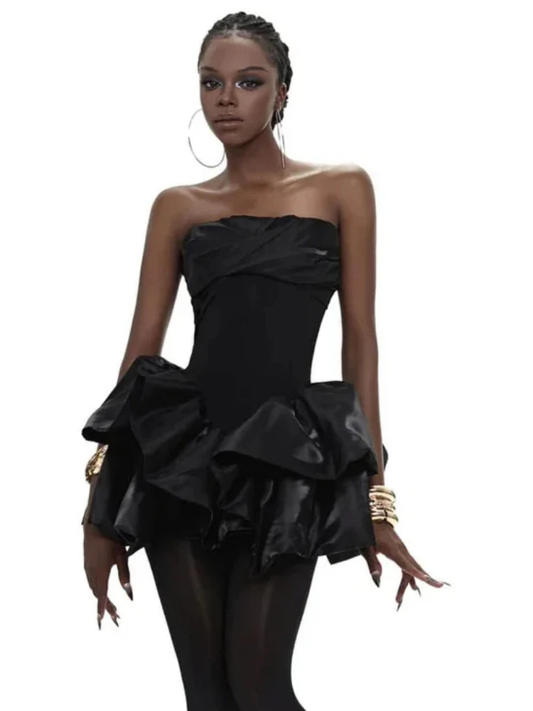 Sexy Strapless Ruffles Folds Patchwork Mini Dress Women White Black Sleeveless Irregular A-line Dresses Evening Party Cocktail - Sun Studio