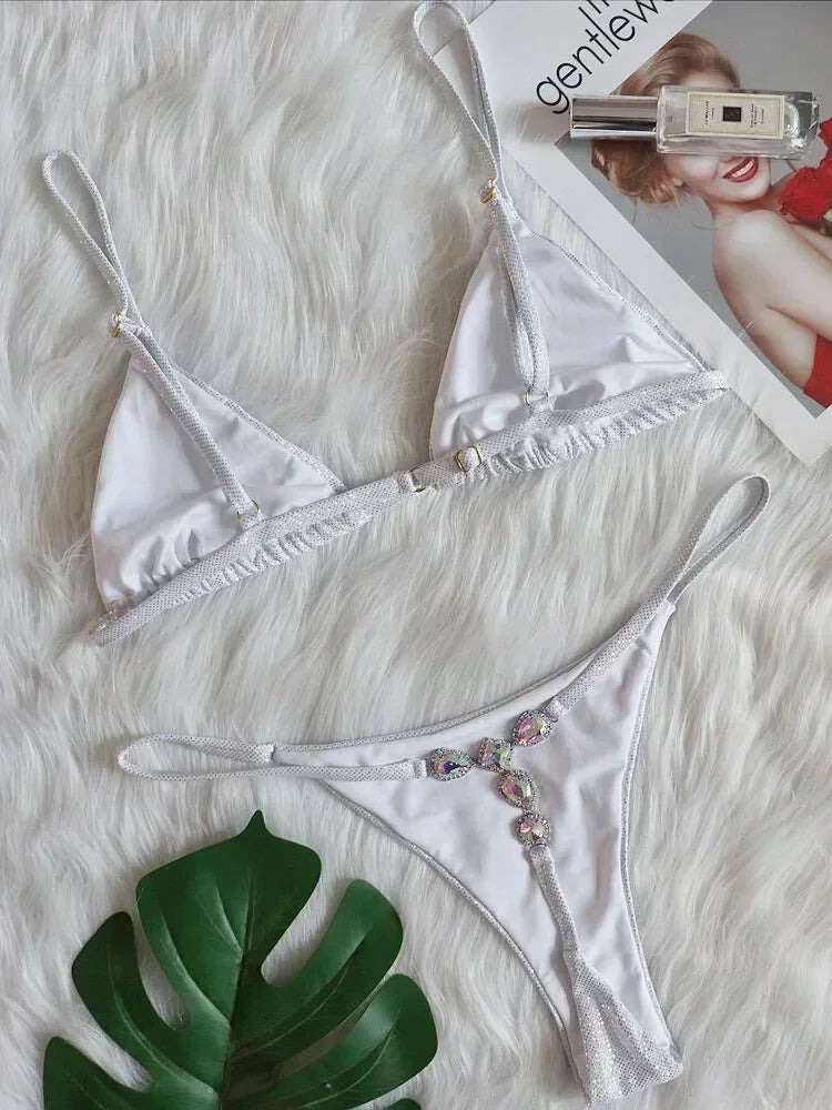 Halter Rhinestone Diamond Bikini Women Swimsuit Female Bikinis Metal Chain Swimwear Two Pieces Bikini Set Bathing Suit Swim Lady