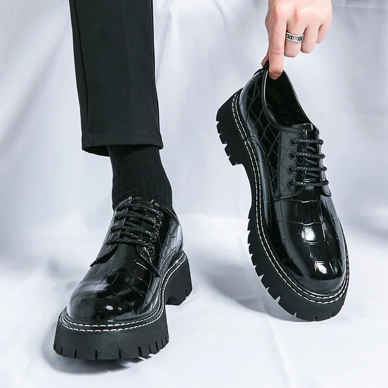 New Black Men Shoes Lace-up  Round Toe Stone Pattern Brown Gray Men Dress Shoes Size 38-46 - Sun Studio