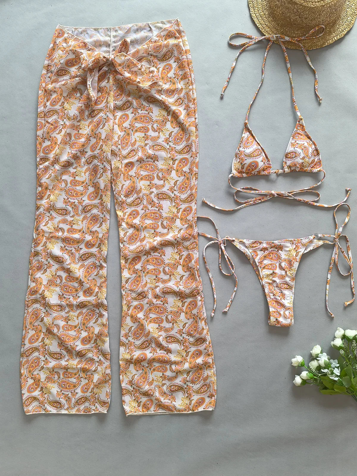3Pcs Bikini Set Sexy Bikini Push UP Women Swimsuit Female Swimwear with Cover-Ups Bathing Suit Beachwear Print Pants 2024 New - Sun Studio
