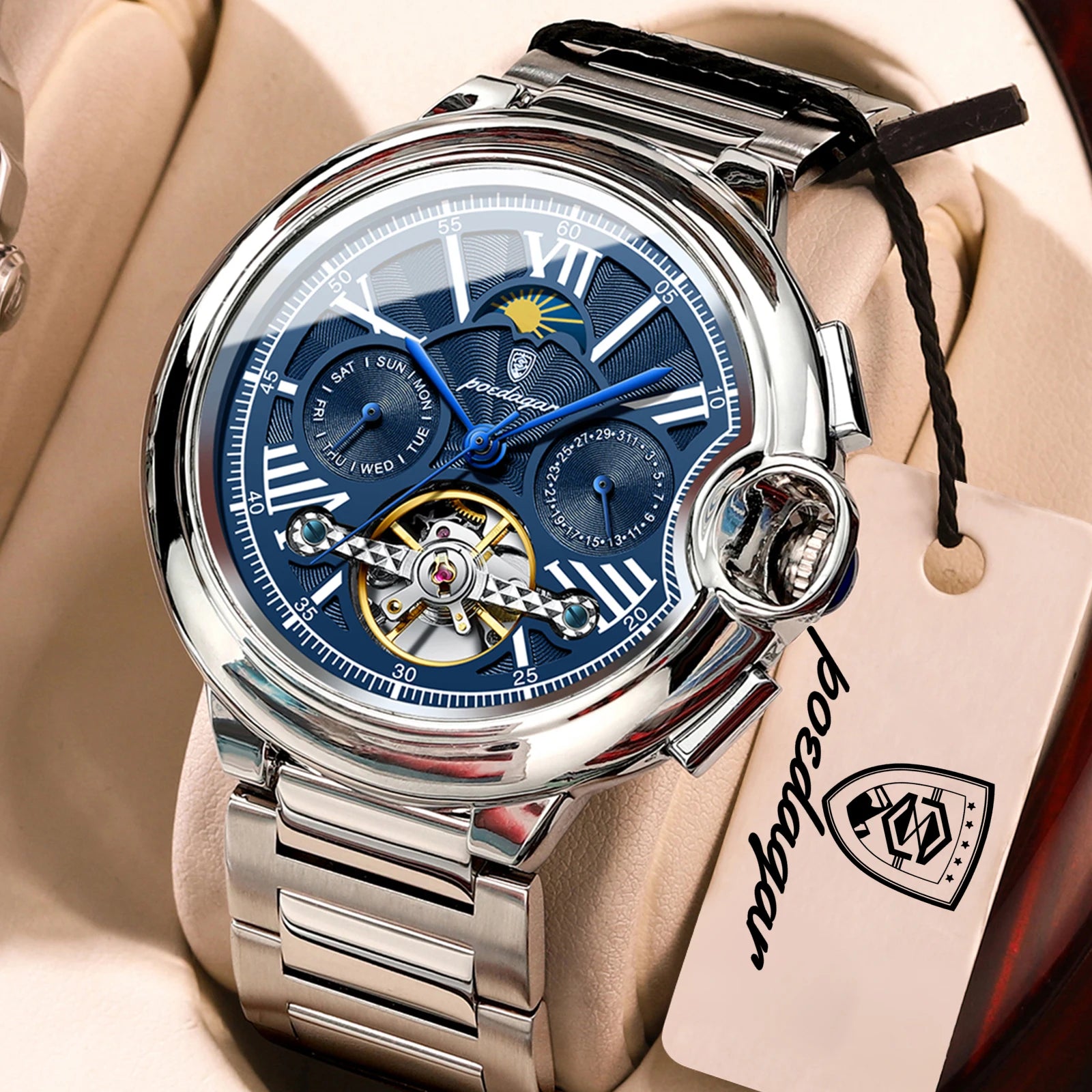 POEDAGAR Luxury Male Watch Business Date Week Stainless Steel Tourbillon Men Clock Waterproof Automatic Mechanical Men's Watches - Sun Studio
