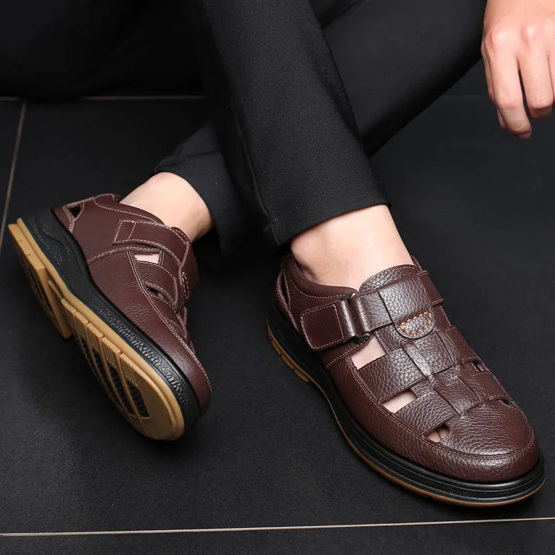 Classic High Quality Leather Business Sandals Summer Outdoor Hiking Shoes Handmade Sandals Fashion Comfortable Men Beach Shoes - Sun Studio
